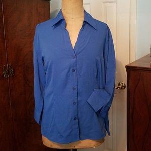 Woman's bright blue 3/4 sleeve button-down blouse